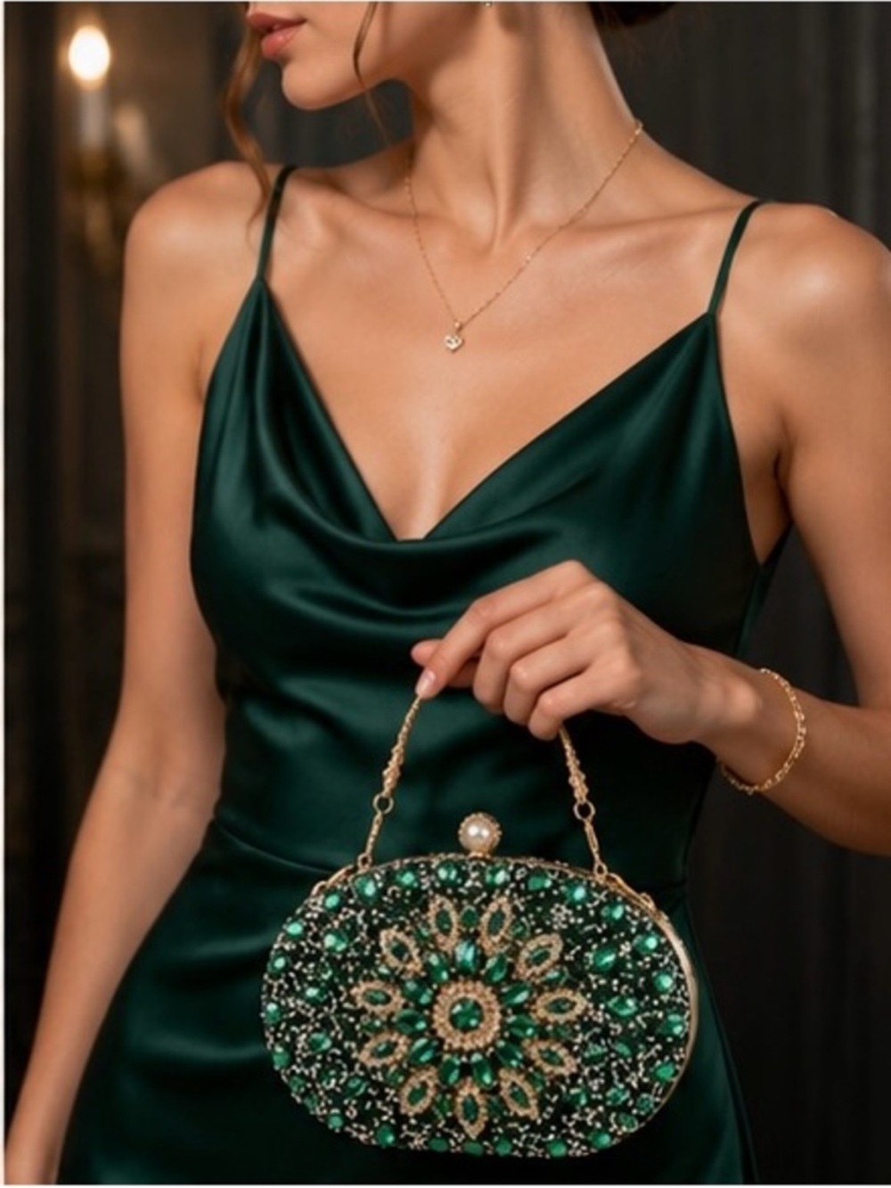Luxe Emerald Gold Jeweled Oval Clutch